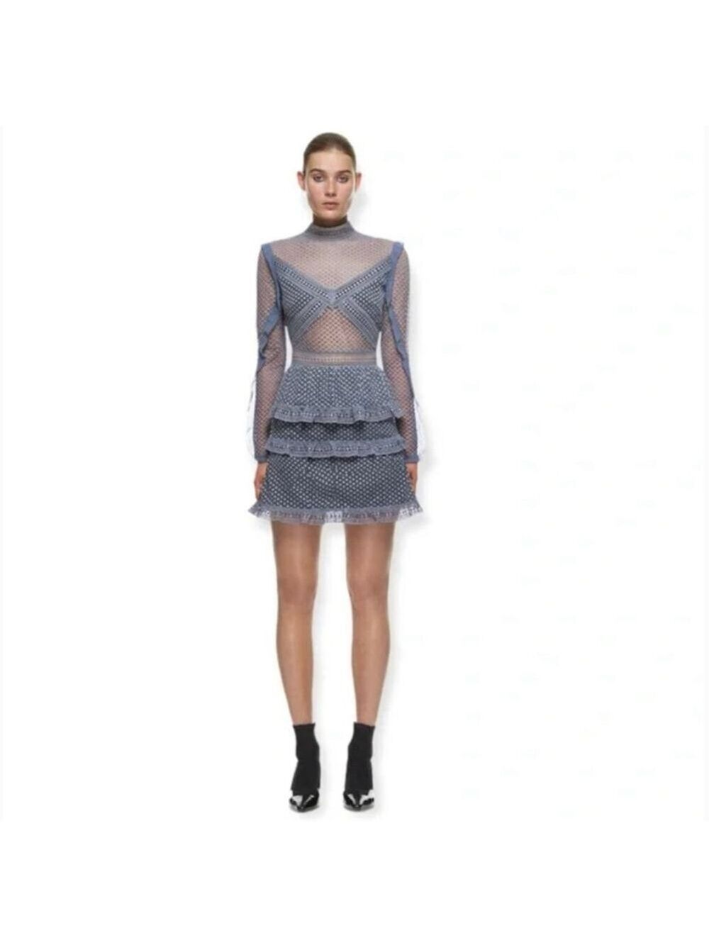 Women's Self-Portrait Blue Lace Tiered Mini Dress Size 6